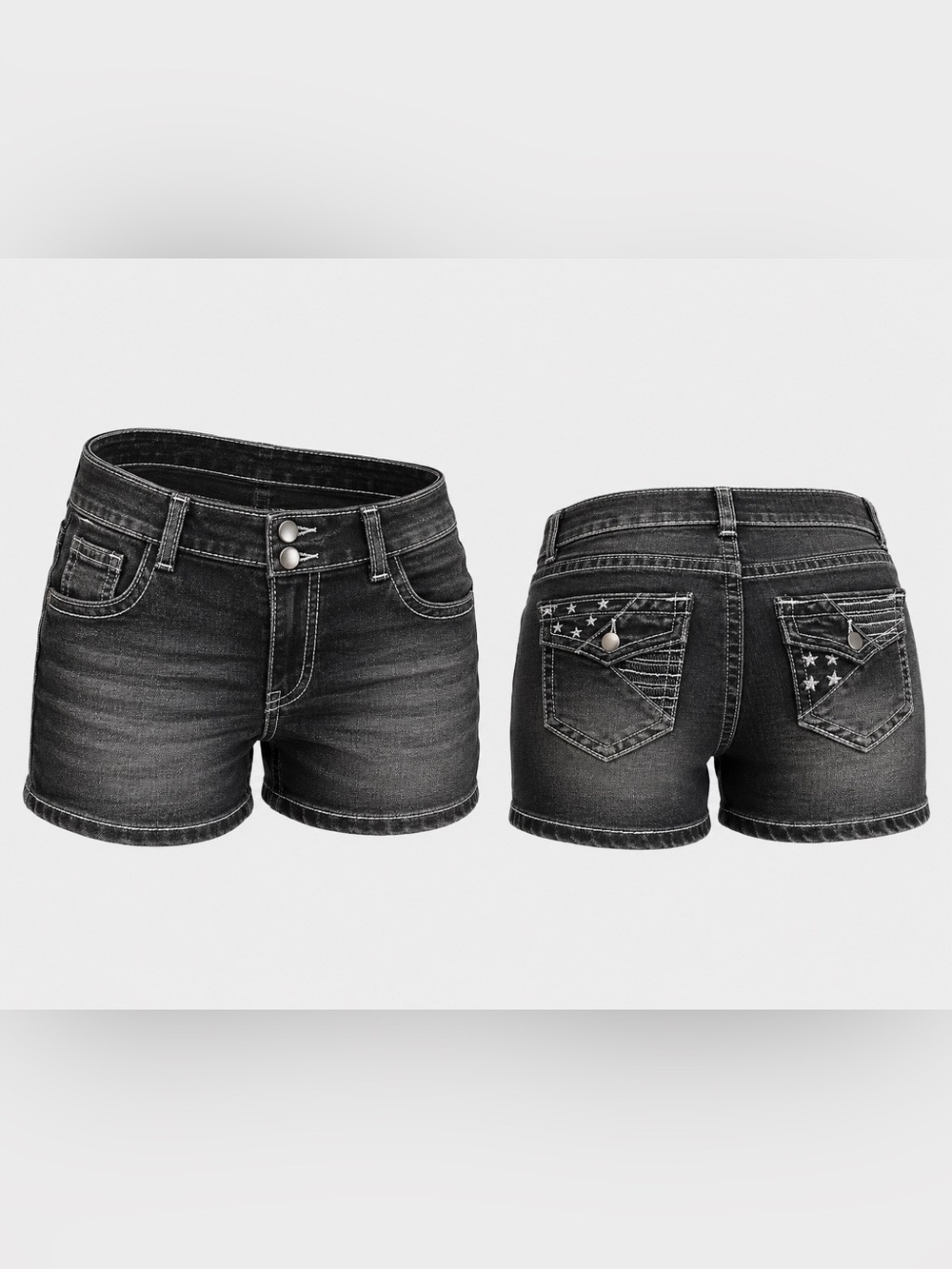 Flamingos Black Wash Denim Shorts High Rise Stretch Jean Shorts Star Pockets y2k